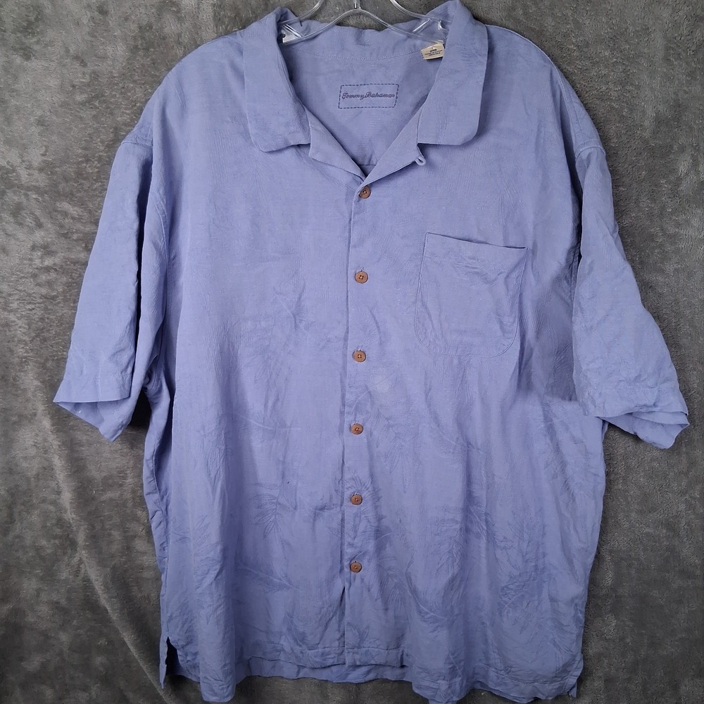 Tommy Bahama Camp Shirt Men Size 2XB Blue Silk Palm Tree Jackard Tropical